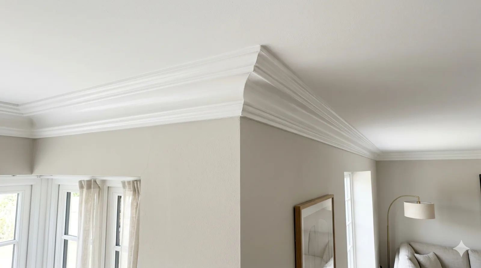 Layered white crown moulding following the corner of a softly coloured living room
